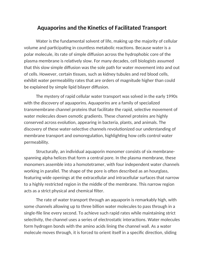 Aquaporins and the Kinetics of Facilitated Transport Reading Worksheet sample page