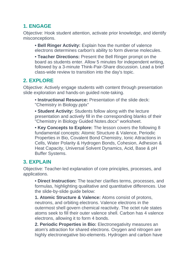 Biochemistry 5E Lesson Plan sample page