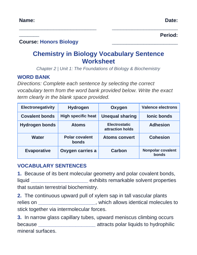 Biochemistry Fill-in-the-Blank Vocabulary Worksheet sample page