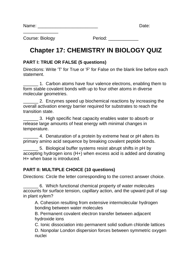 Biochemistry Lesson Quiz sample page
