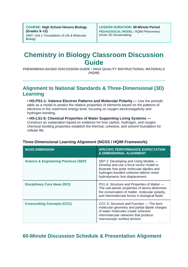Biochemistry Phenomena-Based Lesson: The Jesus Lizard Paradox: Sprints Across Open Water Teacher Discussion Guide sample page