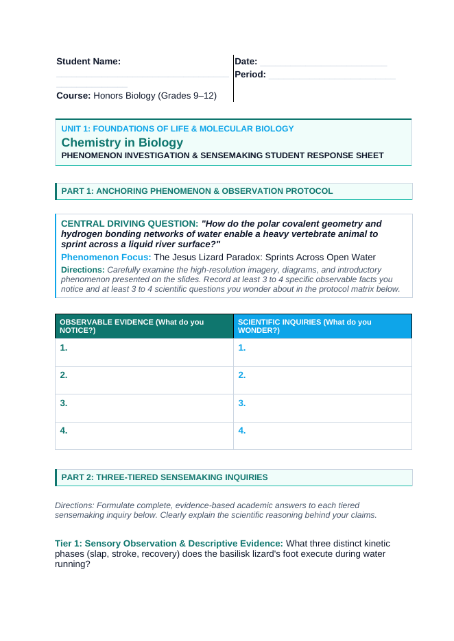 Biochemistry Phenomena-Based Lesson: The Jesus Lizard Paradox: Sprints Across Open Water Student Response Sheet sample page