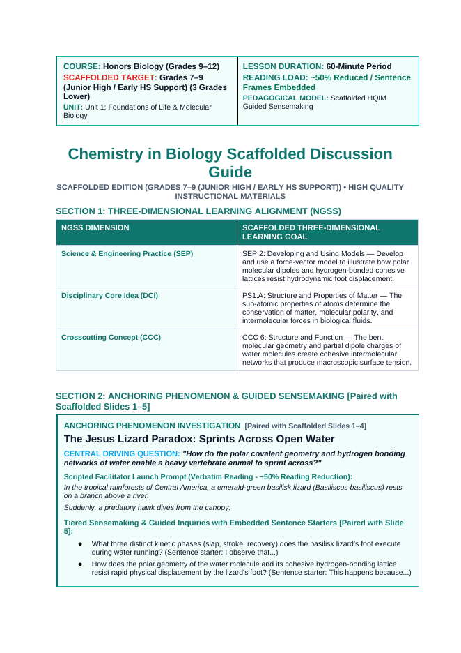 Biochemistry Scaffolded Phenomena-Based Lesson: The Jesus Lizard Paradox: Sprints Across Open Water Teacher Discussion Guide sample page