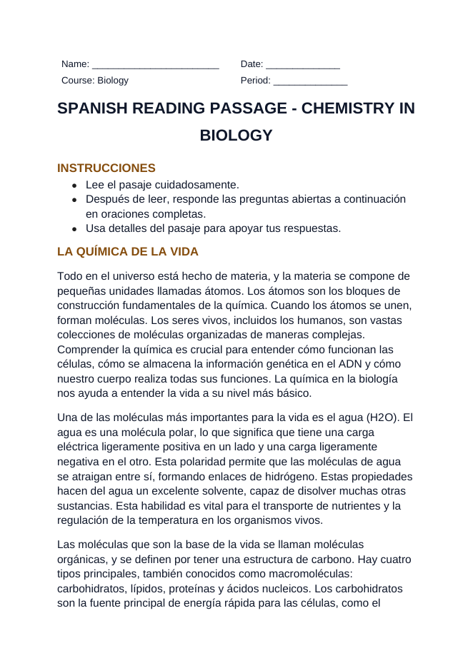 Biochemistry Spanish Reading Passage & Comprehension Questions sample page