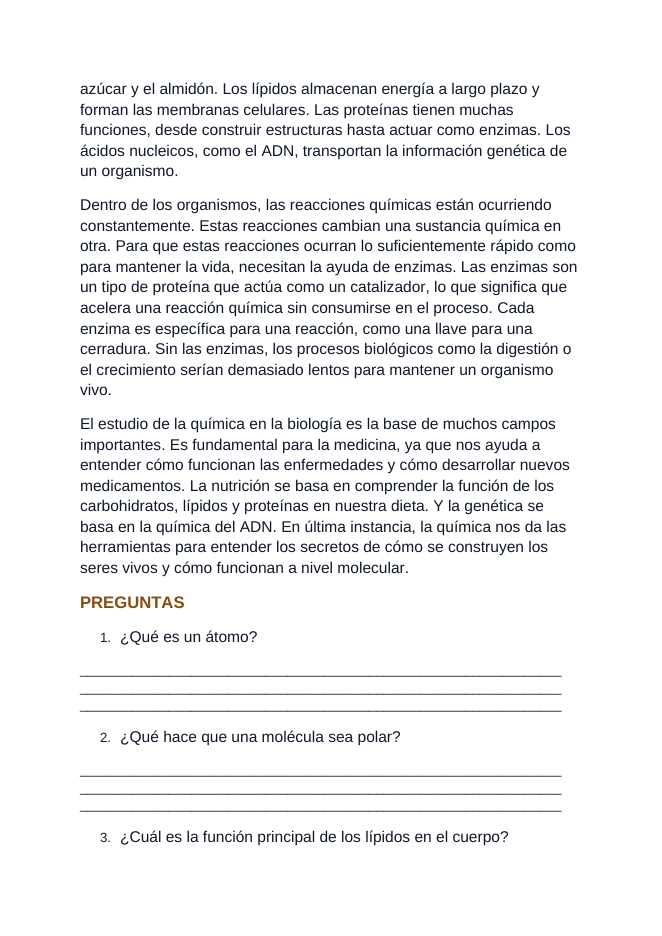 Biochemistry Spanish Reading Passage & Comprehension Questions sample page