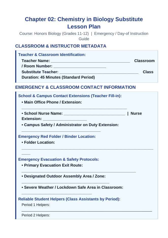 Biochemistry Substitute Lesson Plan sample page