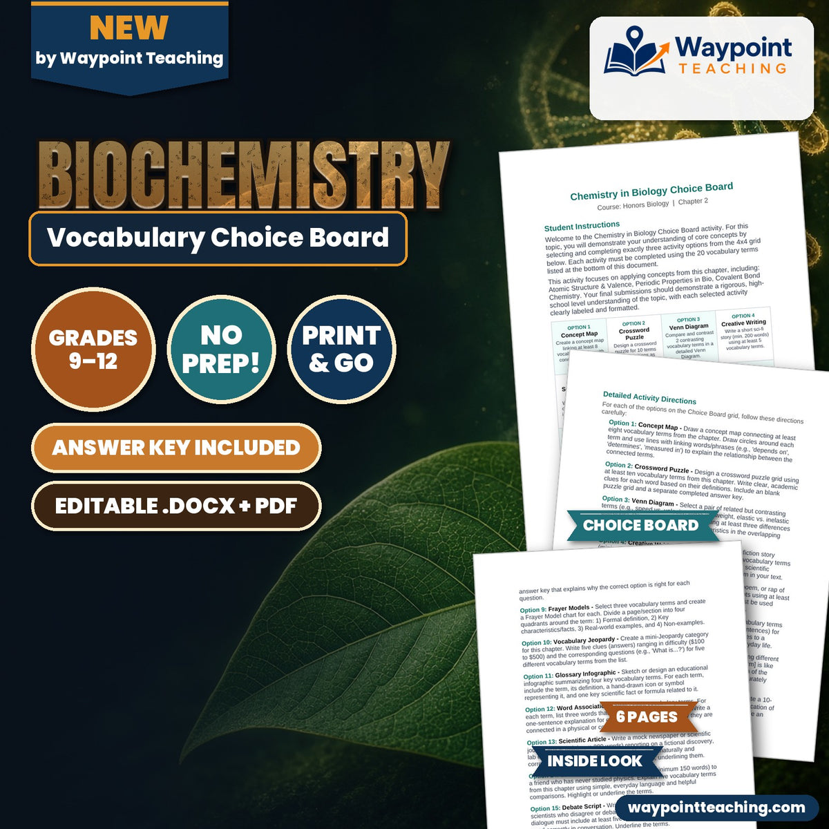Biochemistry Vocabulary Choice Board cover