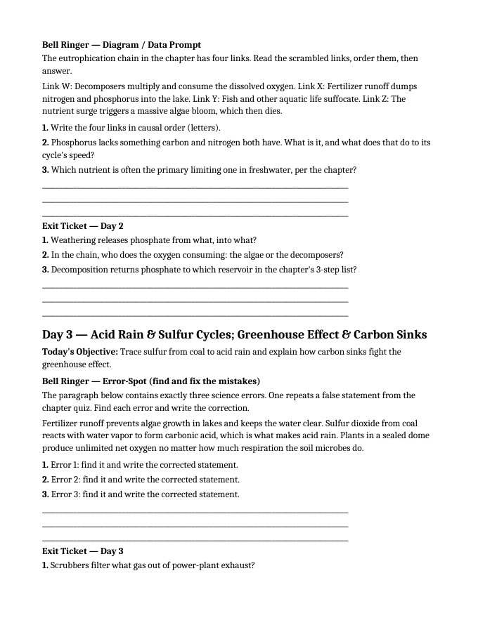 Biogeochemical Cycles & Human Impact Bell Ringers & Exit Tickets sample page