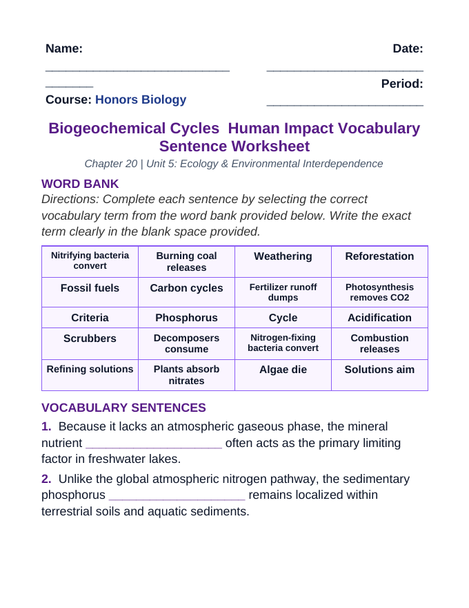 Biogeochemical Cycles & Human Impact Fill-in-the-Blank Vocabulary Worksheet sample page
