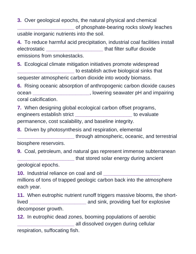 Biogeochemical Cycles & Human Impact Fill-in-the-Blank Vocabulary Worksheet sample page
