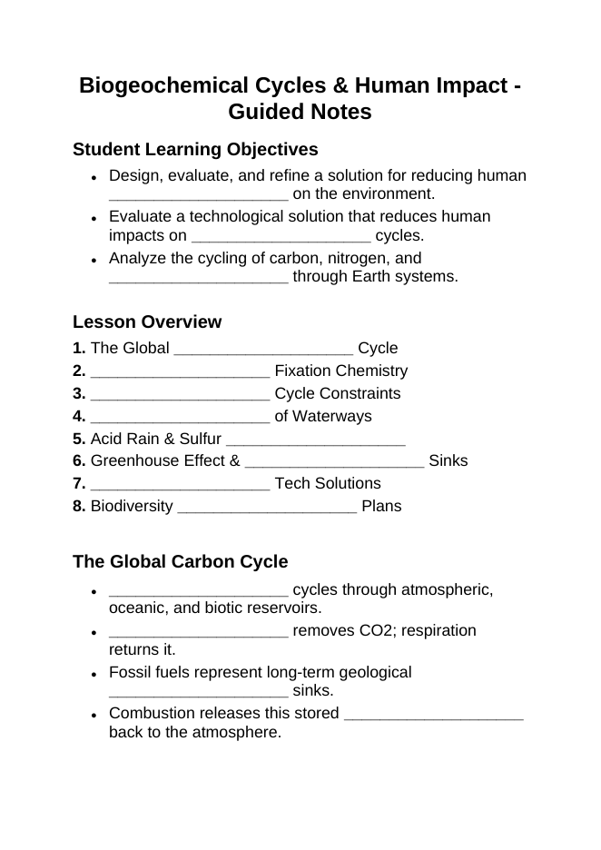 Biogeochemical Cycles & Human Impact Guided Notes sample page