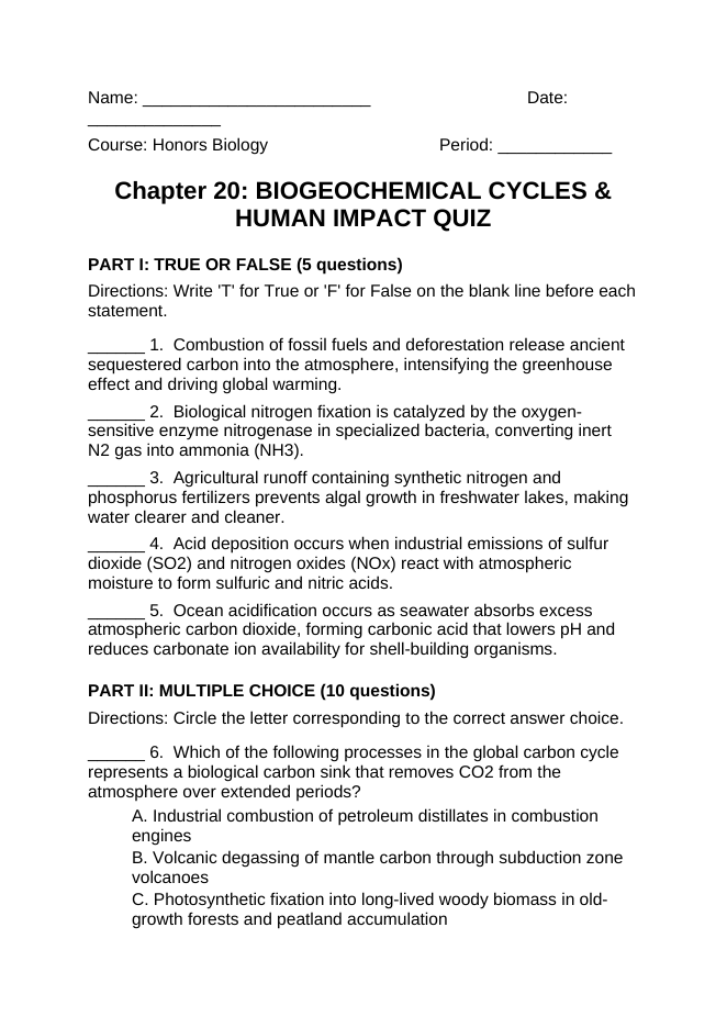 Biogeochemical Cycles & Human Impact Lesson Quiz sample page