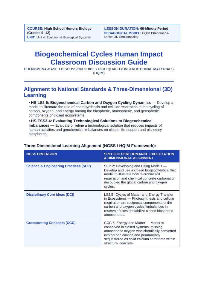 Biogeochemical Cycles & Human Impact Phenomena-Based Lesson: The Suffocating Glass Greenhouse: How Soil Microbes and Concrete Strangled Biosphere 2 Teacher Discussion Guide sample page