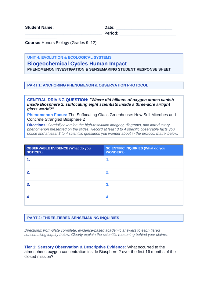 Biogeochemical Cycles & Human Impact Phenomena-Based Lesson: The Suffocating Glass Greenhouse: How Soil Microbes and Concrete Strangled Biosphere 2 Student Response Sheet sample page