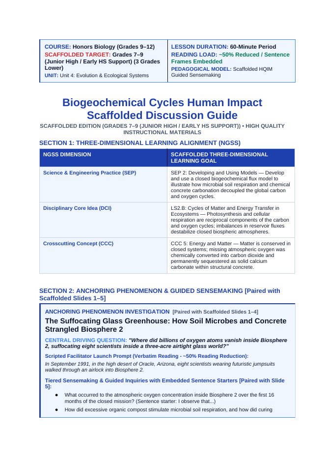 Biogeochemical Cycles & Human Impact Scaffolded Phenomena-Based Lesson: The Suffocating Glass Greenhouse: How Soil Microbes and Concrete Strangled Biosphere 2 Teacher Discussion Guide sample page