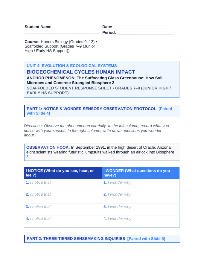 Biogeochemical Cycles & Human Impact Scaffolded Phenomena-Based Lesson: The Suffocating Glass Greenhouse: How Soil Microbes and Concrete Strangled Biosphere 2 Student Response Sheet sample page
