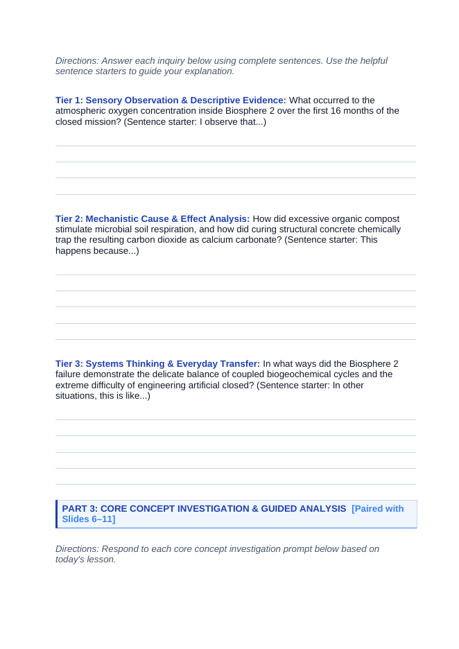 Biogeochemical Cycles & Human Impact Scaffolded Phenomena-Based Lesson: The Suffocating Glass Greenhouse: How Soil Microbes and Concrete Strangled Biosphere 2 Student Response Sheet sample page