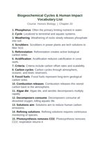 Biogeochemical Cycles & Human Impact Vocabulary Words & Definitions sample page