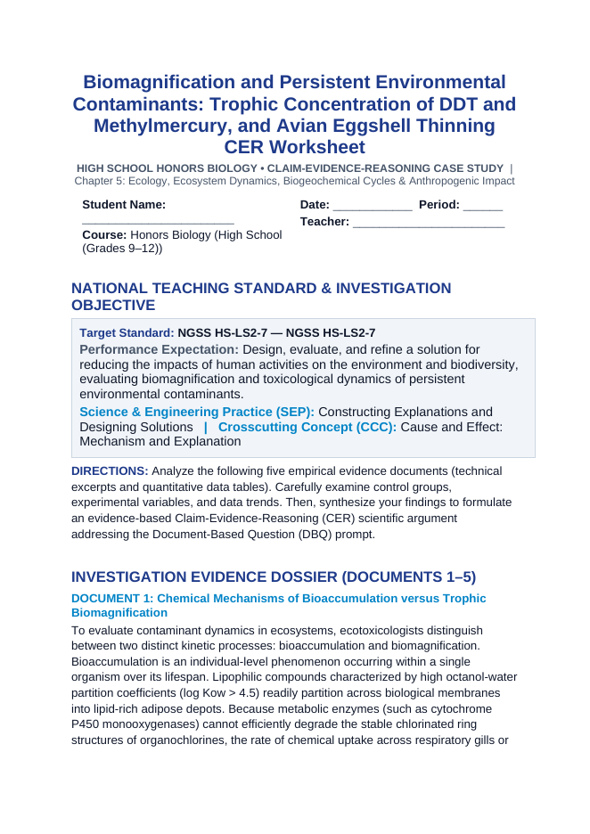 Biomagnification and Persistent Environmental Contaminants: Trophic Concentration of DDT and Methylmercury, and Avian Eggshell Thinning CER Phenomena Worksheet sample page
