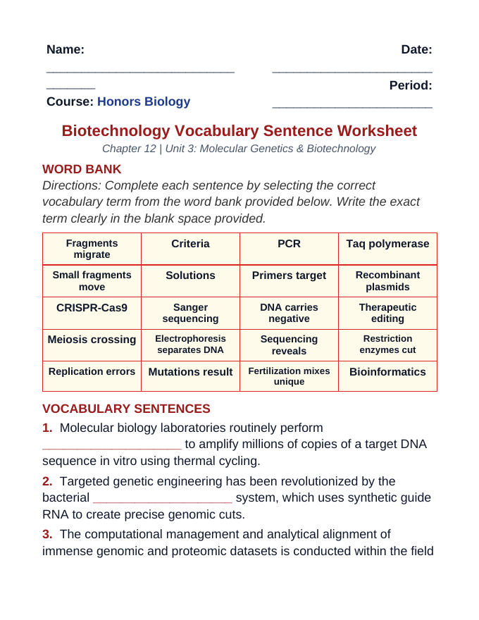 Biotechnology Fill-in-the-Blank Vocabulary Worksheet sample page