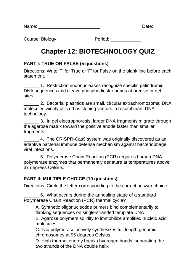 Biotechnology Lesson Quiz sample page