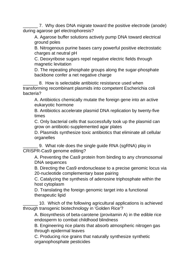 Biotechnology Lesson Quiz sample page