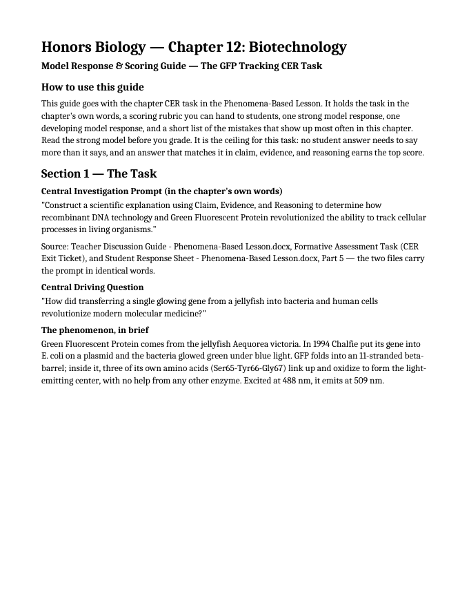 Biotechnology Model Response & Scoring Guide sample page