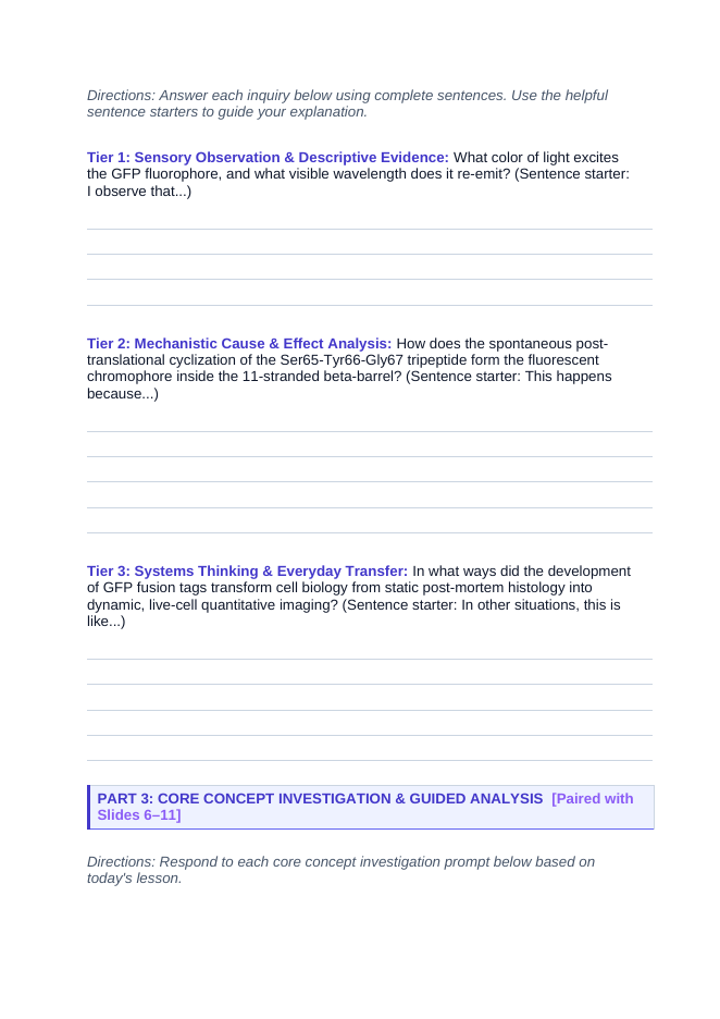 Biotechnology Scaffolded Phenomena-Based Lesson: The Glowing Lantern: Green Fluorescent Protein Lighting Up the Living Cell Student Response Sheet sample page