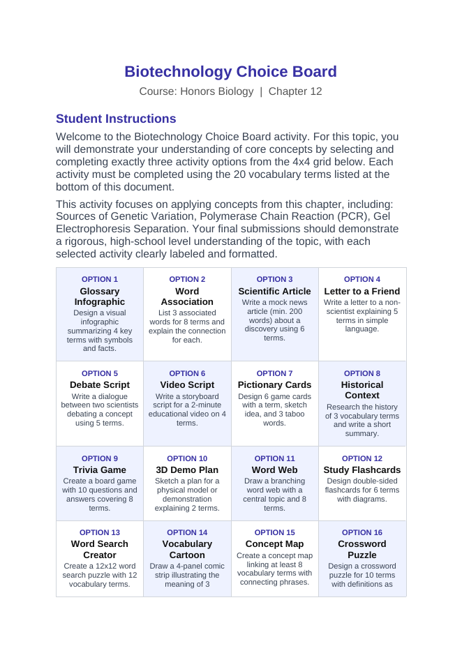 Biotechnology Vocabulary Choice Board sample page