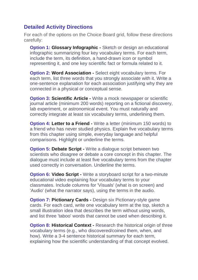 Biotechnology Vocabulary Choice Board sample page
