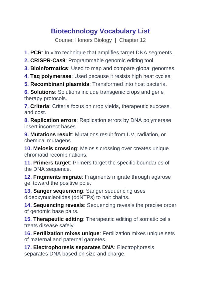 Biotechnology Vocabulary Words & Definitions sample page