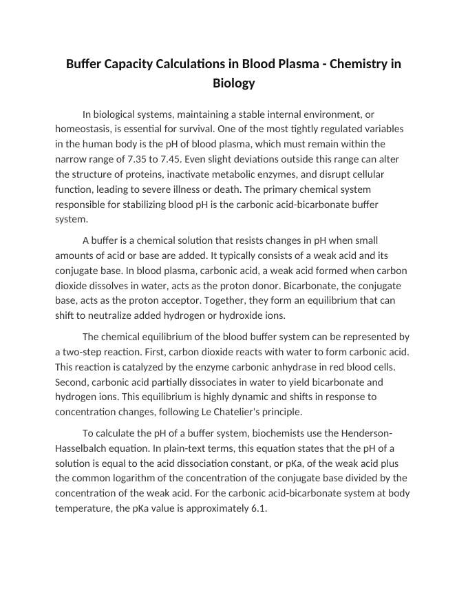 Buffer Capacity Calculations in Blood Plasma Reading Worksheet sample page