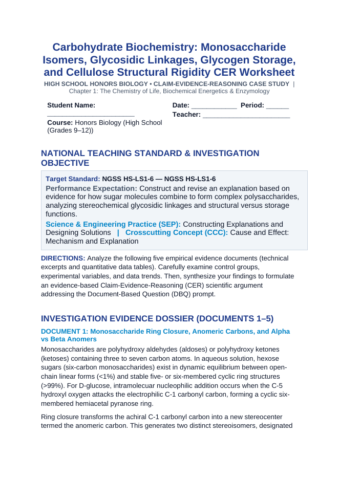 Carbohydrate Biochemistry: Monosaccharide Isomers, Glycosidic Linkages, Glycogen Storage, and Cellulose Structural Rigidity CER Phenomena Worksheet sample page