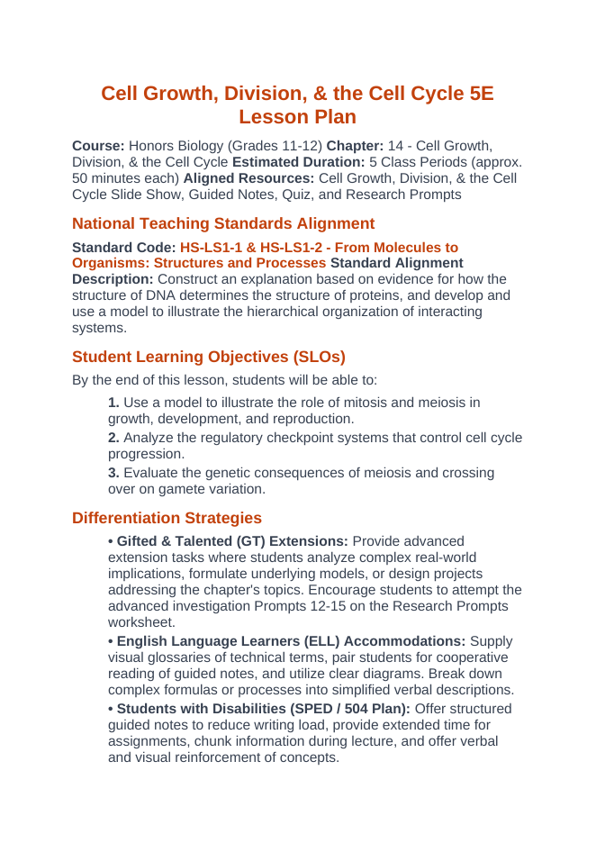 Cell Growth, Division, &  the Cell Cycle 5E Lesson Plan sample page