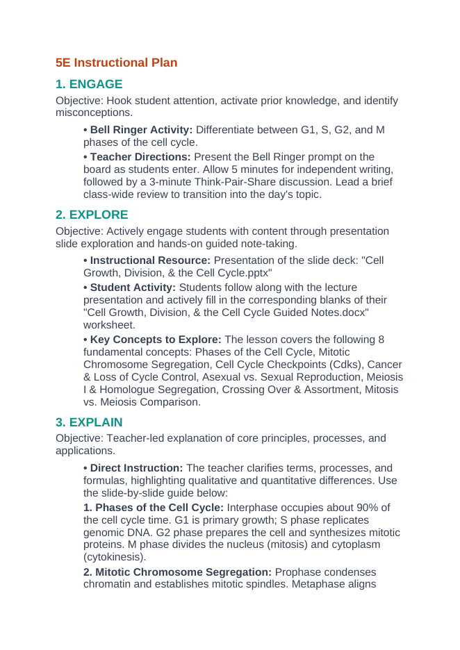 Cell Growth, Division, &  the Cell Cycle 5E Lesson Plan sample page