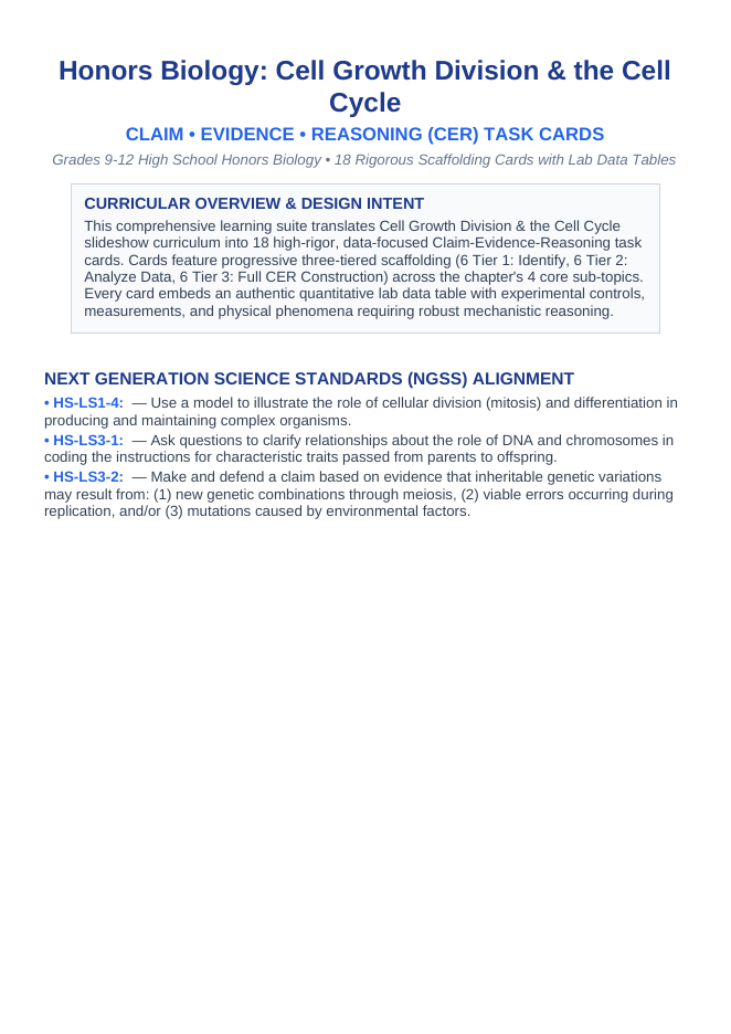 Cell Growth, Division, &  the Cell Cycle CER Task Cards sample page