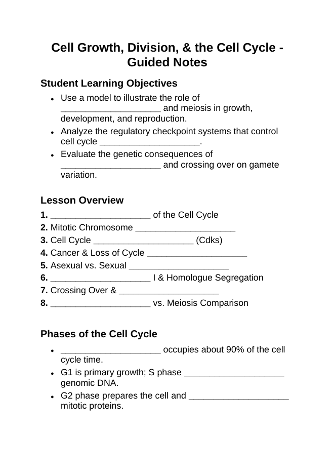 Cell Growth, Division, &  the Cell Cycle Guided Notes sample page