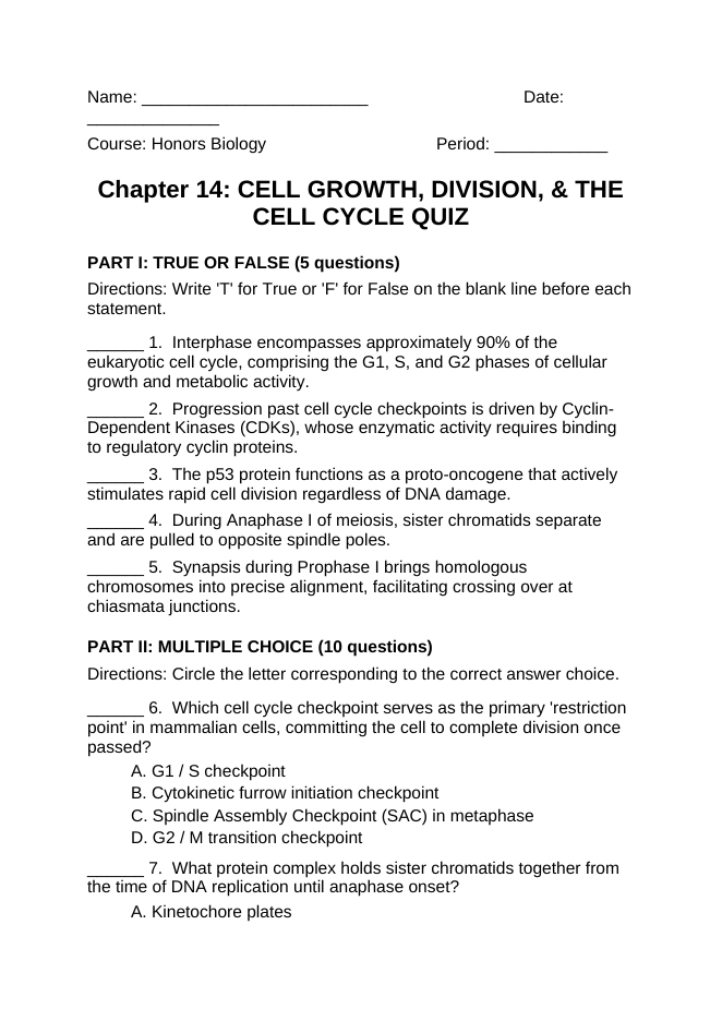 Cell Growth, Division, &  the Cell Cycle Lesson Quiz sample page