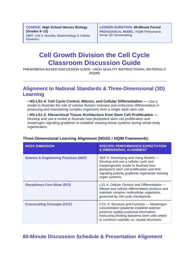 Cell Growth, Division, &  the Cell Cycle Phenomena-Based Lesson: The Immortal Worm: Planarian Neoblasts Rebuilding a Brain from Scratch Teacher Discussion Guide sample page