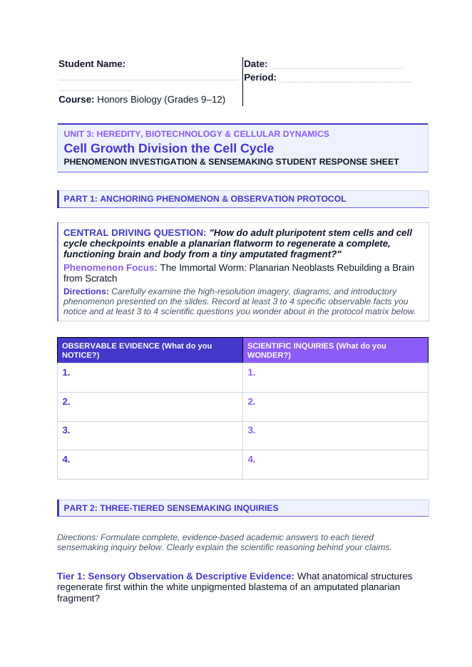 Cell Growth, Division, &  the Cell Cycle Phenomena-Based Lesson: The Immortal Worm: Planarian Neoblasts Rebuilding a Brain from Scratch Student Response Sheet sample page