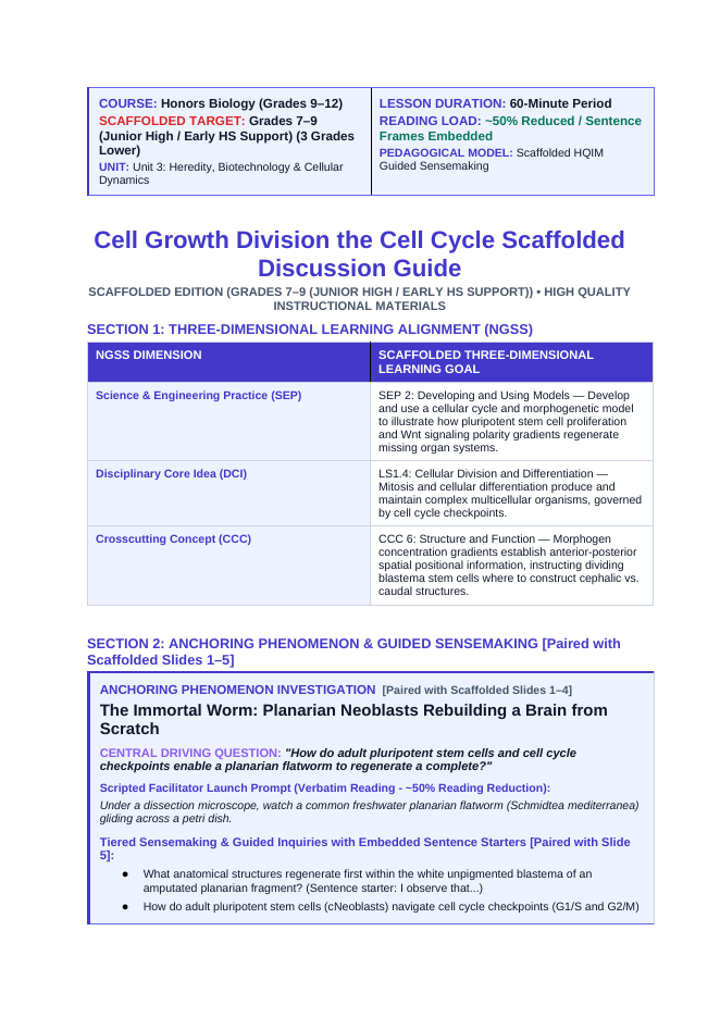 Cell Growth, Division, &  the Cell Cycle Scaffolded Phenomena-Based Lesson: The Immortal Worm: Planarian Neoblasts Rebuilding a Brain from Scratch Teacher Discussion Guide sample page