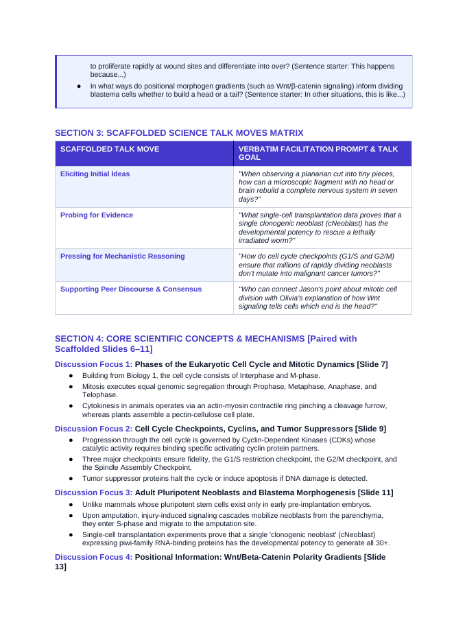 Cell Growth, Division, &  the Cell Cycle Scaffolded Phenomena-Based Lesson: The Immortal Worm: Planarian Neoblasts Rebuilding a Brain from Scratch Teacher Discussion Guide sample page