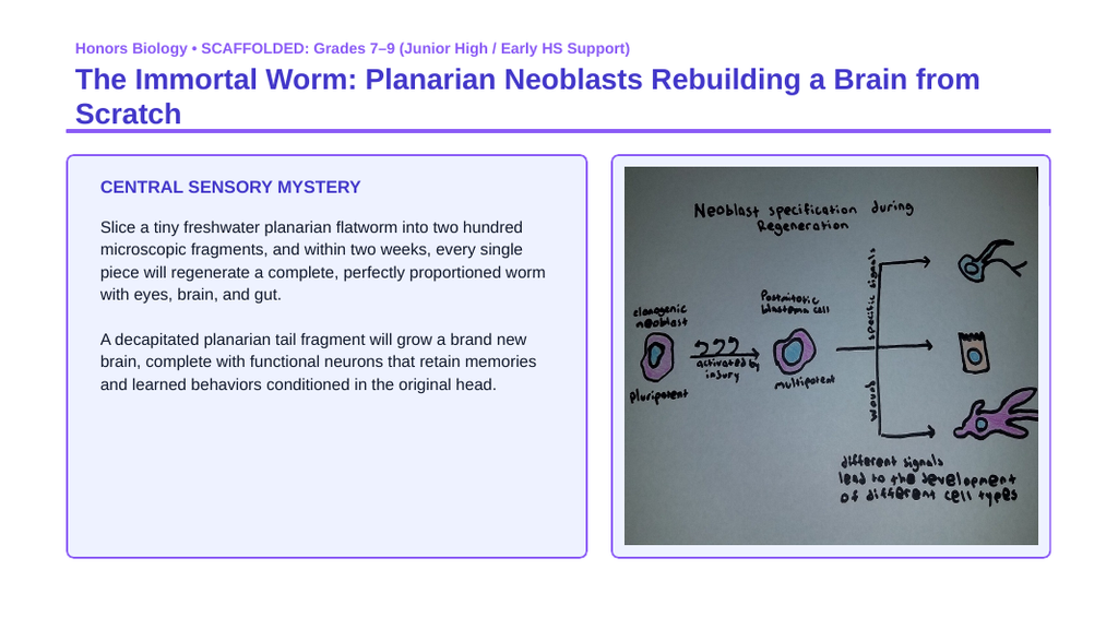 Cell Growth, Division, &  the Cell Cycle Scaffolded Phenomena-Based Lesson: The Immortal Worm: Planarian Neoblasts Rebuilding a Brain from Scratch Presentation sample page