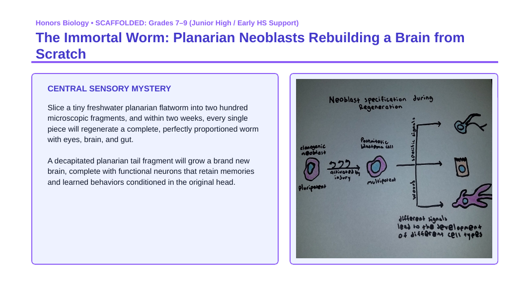Cell Growth, Division, &  the Cell Cycle Scaffolded Phenomena-Based Lesson: The Immortal Worm: Planarian Neoblasts Rebuilding a Brain from Scratch Presentation sample page