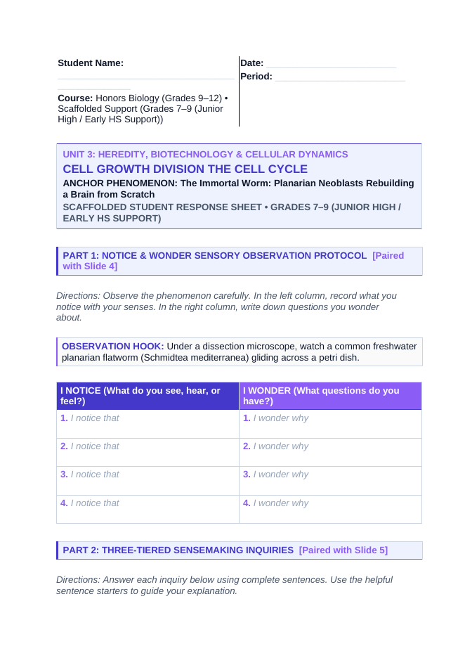 Cell Growth, Division, &  the Cell Cycle Scaffolded Phenomena-Based Lesson: The Immortal Worm: Planarian Neoblasts Rebuilding a Brain from Scratch Student Response Sheet sample page