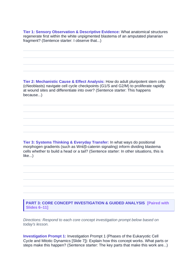 Cell Growth, Division, &  the Cell Cycle Scaffolded Phenomena-Based Lesson: The Immortal Worm: Planarian Neoblasts Rebuilding a Brain from Scratch Student Response Sheet sample page