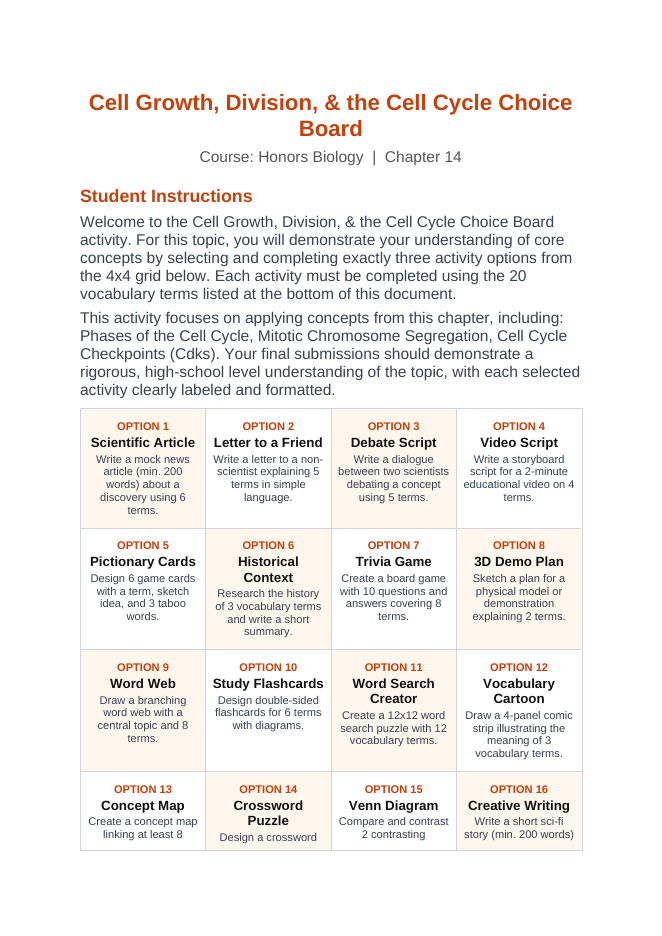 Cell Growth, Division, &  the Cell Cycle Vocabulary Choice Board sample page