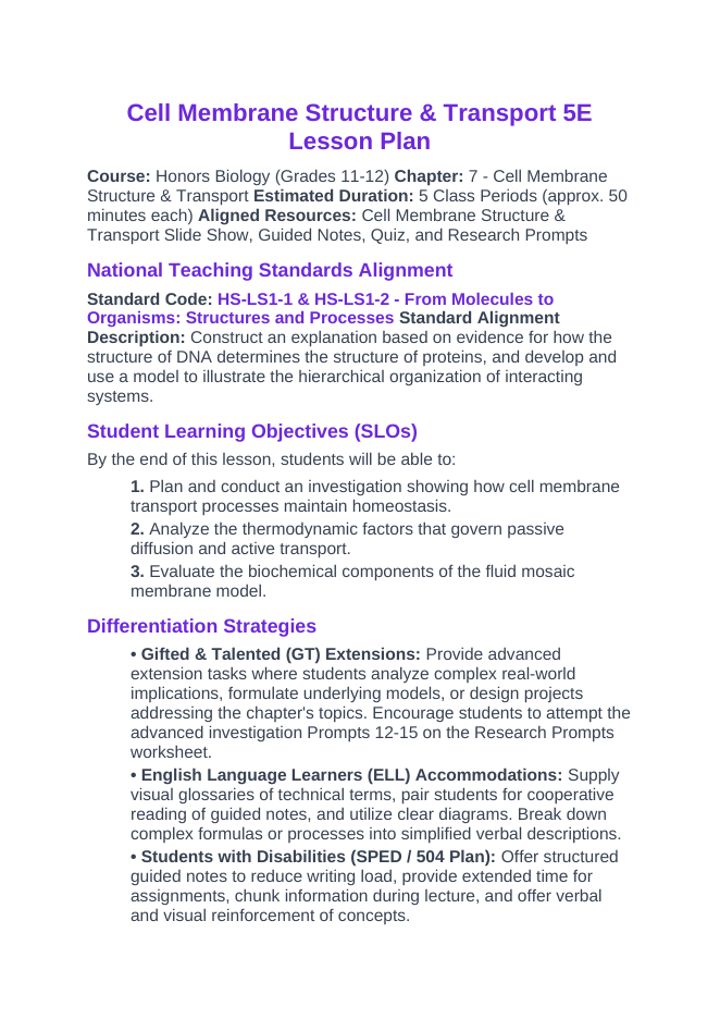 Cell Membrane Structure & Transport 5E Lesson Plan sample page
