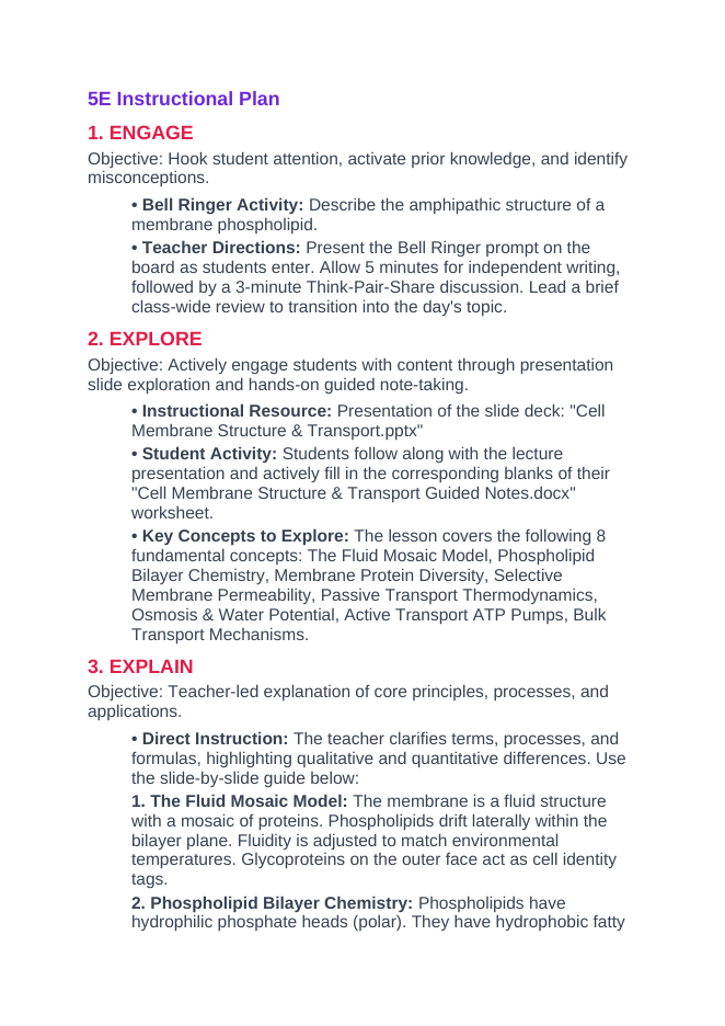 Cell Membrane Structure & Transport 5E Lesson Plan sample page