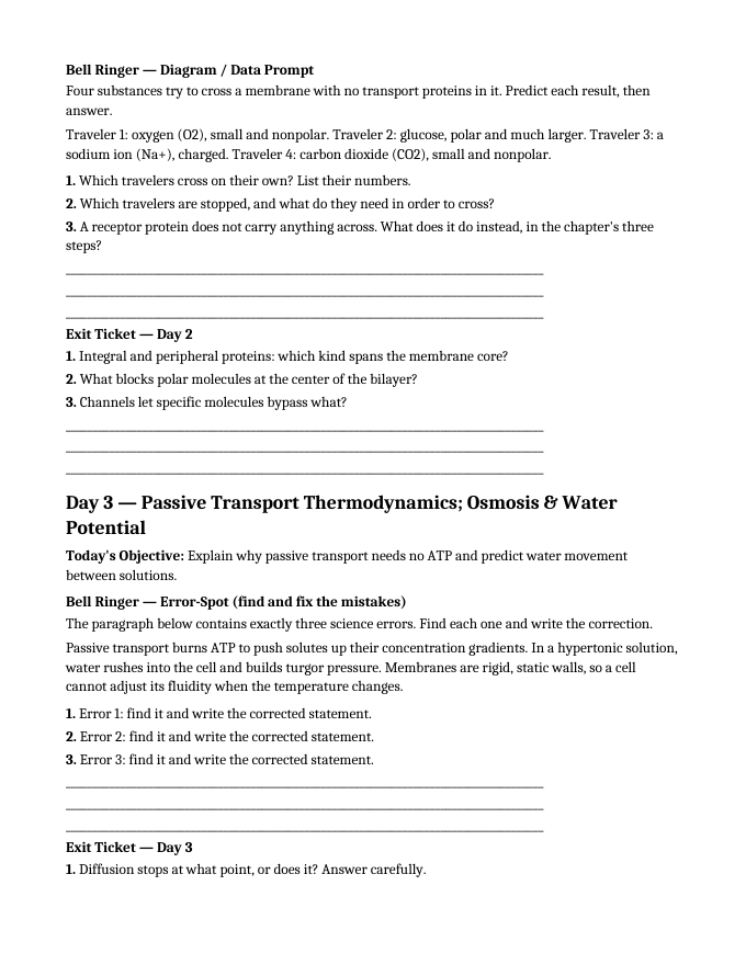 Cell Membrane Structure & Transport Bell Ringers & Exit Tickets sample page